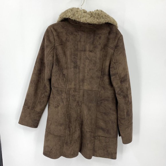 GUESS Faux Suede Shearling Coat Dark Brown Full Zip Faux Fur Collar Womens Large - Picture 4 of 4